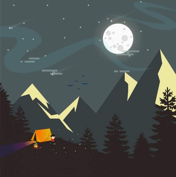 paisagem de montanha de noite luar tenda ícones decoração de desenho