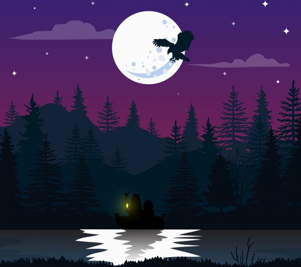 cena natural de noite desenho ícones de pássaro de Lago de luar