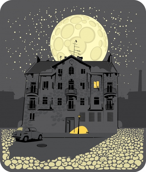 lukisan adegan malam arsitektur Eropa sketsa cahaya bulan
