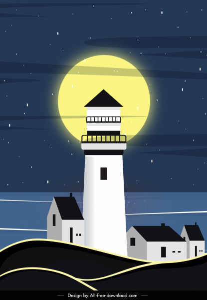 ночная морская сцена картина луна маяк эскиз