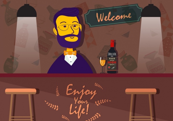 kehidupan malam banner bartender bar ikon berwarna kartun desain