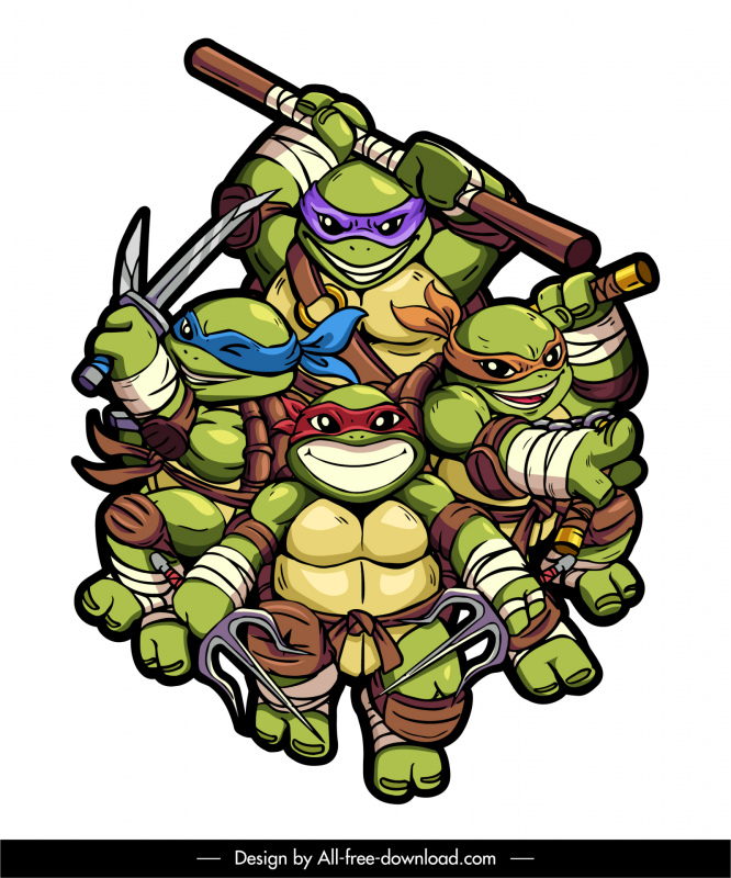Ninja Turtle Fighters ikon lucu bergaya karakter kartun sketsa