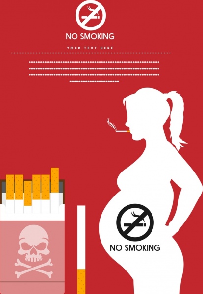 No Smoking banner embarazada silueta tabaco iconos