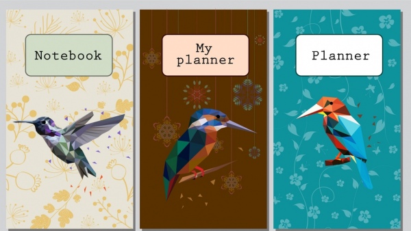 modelos de capa de caderno pássaros, ícone do design poligonal
