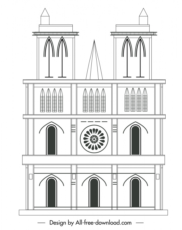 igreja da catedral de notre dame no ícone de Paris liso preto branco simétrico geometria contorno