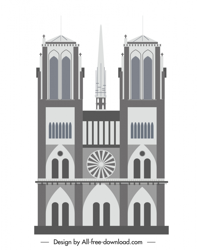 パリのノートルダム大聖堂アイコンフラットクラシック対称スケッチ