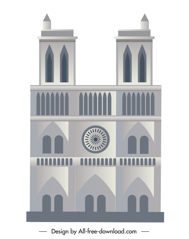 ไอคอนโบสถ์ Notre Dame ร่างเรขาคณิตแบนการออกแบบสมมาตรคลาสสิก