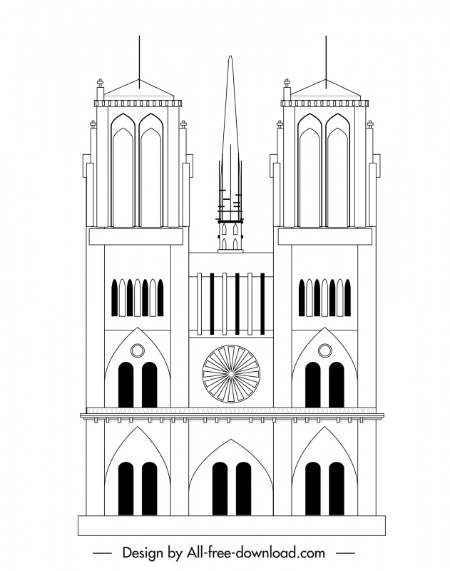 नोट्रे डेम चर्च टेम्पलेट ब्लैक व्हाइट ज्यामितीय सममित रूपरेखा