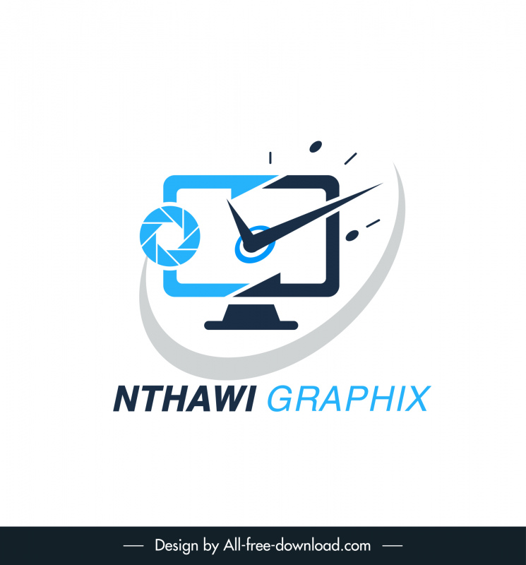 Nthawi Graphix Komputer Logotype dan Sketsa Kurva Latar Belakang Kamera dan Jam Watch