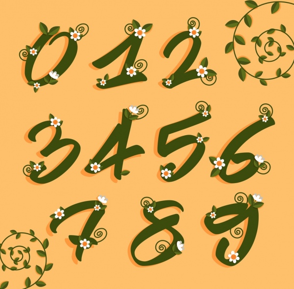 números cenário itálico design folha verde flores decoração