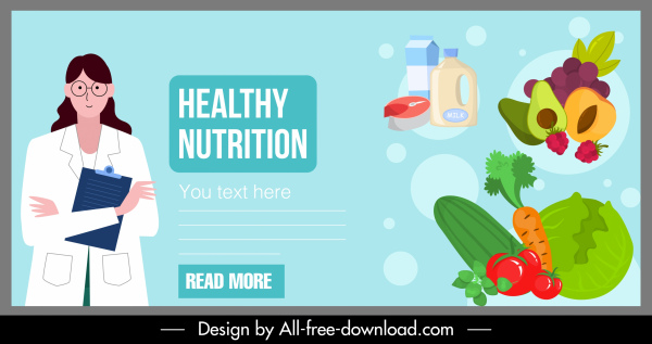 nutrisi makanan banner dokter sayuran buah-buahan sketsa susu