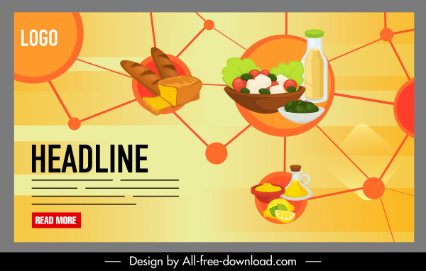 Ernährung Infografik Banner helle bunte Essen Verbindung Skizze