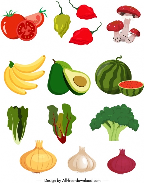Питательная еда иконки красочные овощи ингредиенты фрукты эскиз