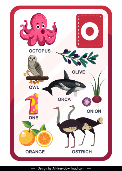 o 알파벳 교육 템플릿 동물 식물 번호 스케치