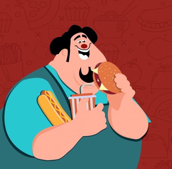 übergewichtige Menschen essen Hintergrund farbige Karikatur Zeichnung