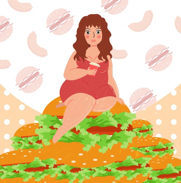 Otyłość transparent Gruba kobieta jedzenie stosu kolorowy kreskówka