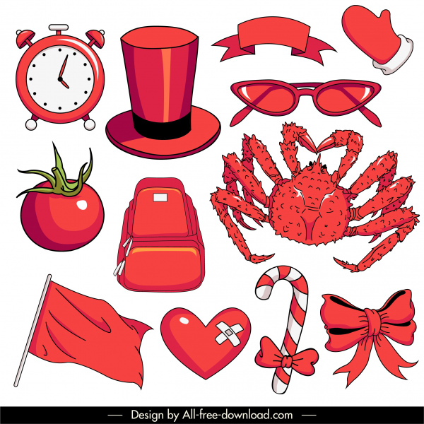 ícones objetos esboço vermelho clássico desenhado à mão