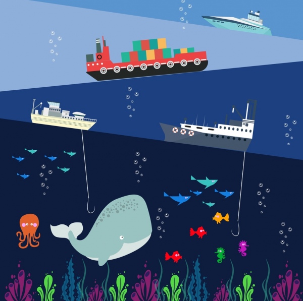 ícones de peixe do navio oceano atividades fundo colorido camadas
