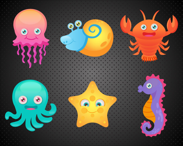 морские животные иконы коллекции с цветные иллюстрации