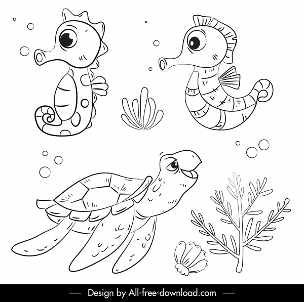 animais do oceano ícones cavalo-marinho esboço de tartaruga desenhado à mão