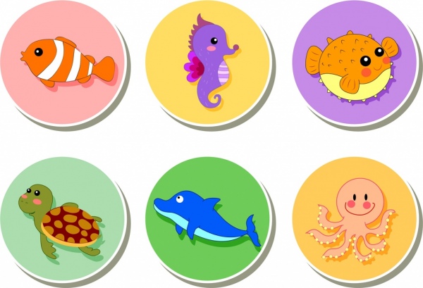 ikon hewan laut berwarna berbagai jenis isolasi