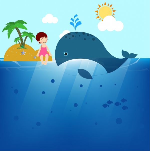 Fondo de océano ballena pequeña isla iconos