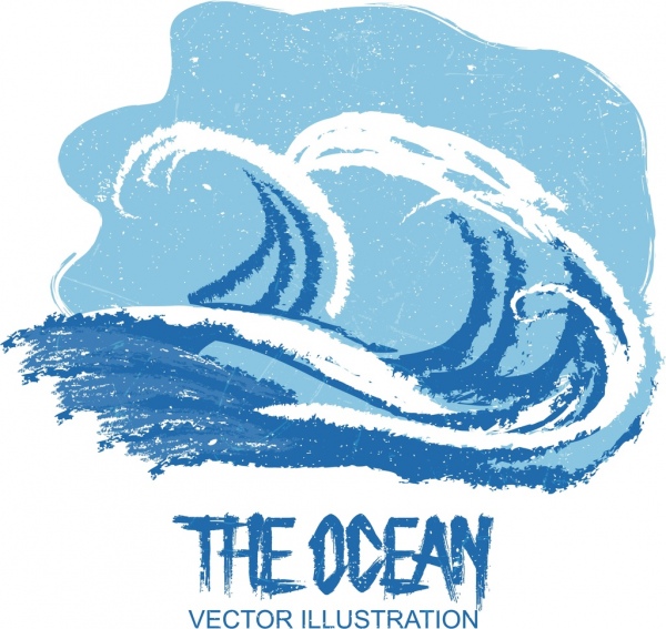 croquis de vagues de l’océan bleu blanc rétro dessinée à la main