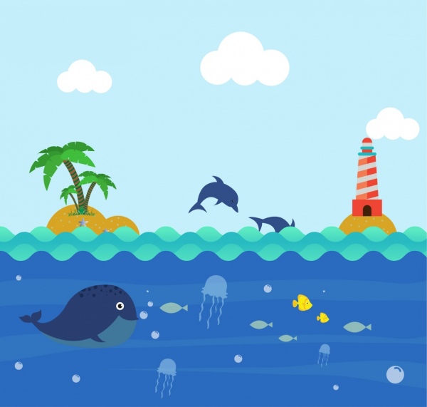 Fondo de océano de dibujos animados de colores juguetones delfines iconos