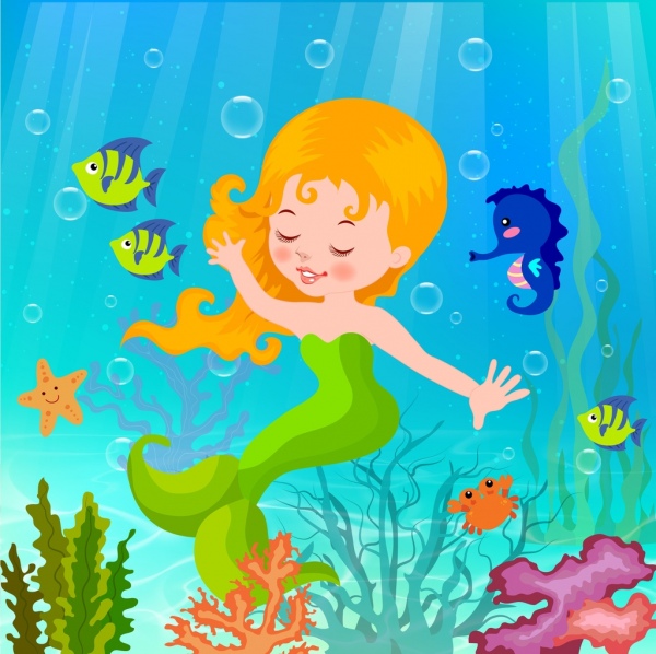바다 배경 귀여운 인 어 아이콘 화려한 만화 디자인
