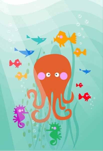 oceano fundo peixes polvo Hippocampus ícones coloridos dos desenhos animados