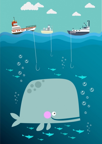 Meer Hintergrund Fischerboot riesige Wal-Symbole