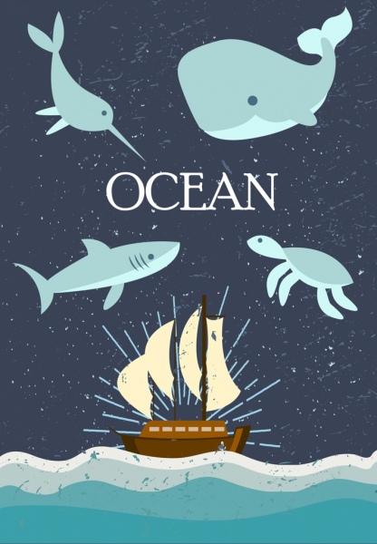 Fondo de océano mar animales nave los iconos de diseño de dibujos animados