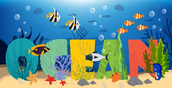 海背景海底魚アイコン テキスト装飾