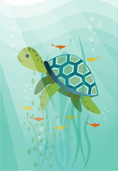 바다 배경 거북이 물고기 아이콘 화려한 만화