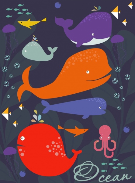 الرسوم المتحركة الملونة رمز الأخطبوط الأسماك الحوت الخلفية المحيط