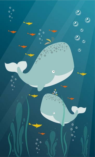 바다 배경 고래 아이콘 화려한 만화 디자인