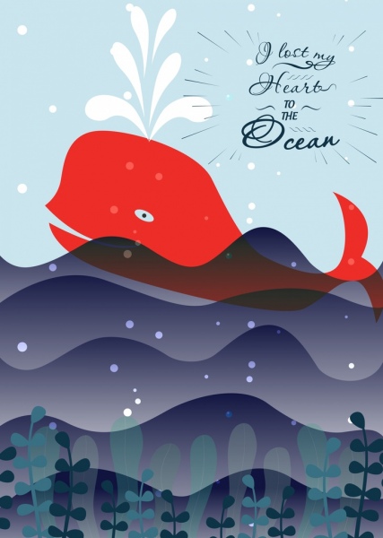 海洋旗幟鯨魚波浪圖示平面設計
