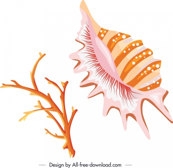 la coral de la cáscara de los iconos de la criaturas océano sketch diseño brillante