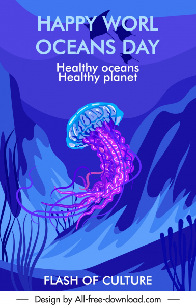 cartel del día del océano jelly fish sketch diseño oscuro