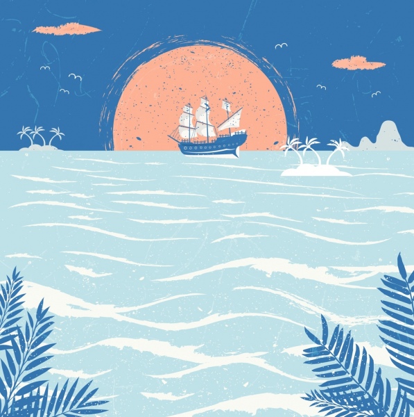 océan de dessin design rétro de voilier mer soleil icônes