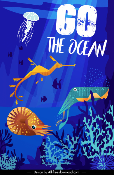 plantilla de póster oceánico diseño plano dinámico de especies marinas