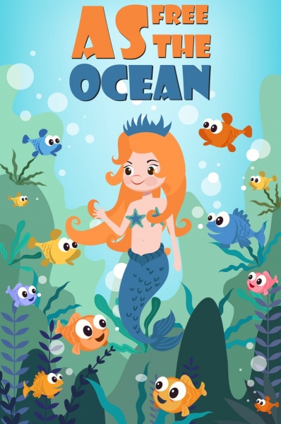 海洋投影横幅鱼美人鱼图标彩色卡通