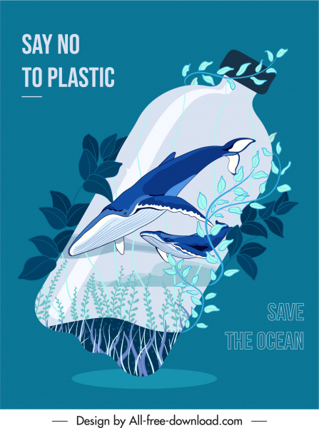 bandera de protección del océano botella de plástico elementos marinos boceto