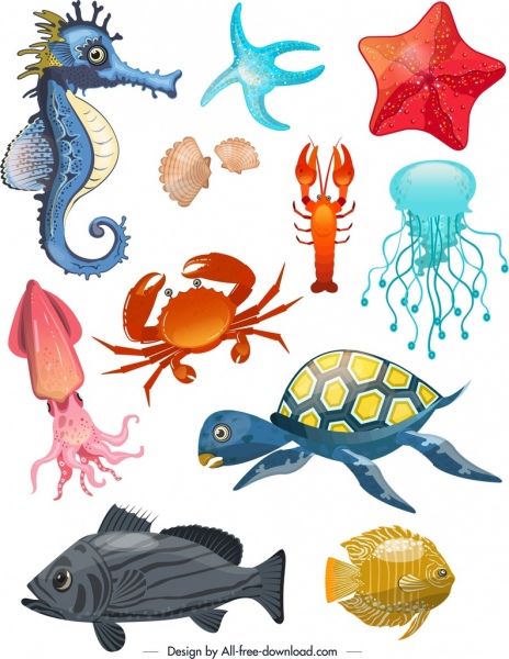 espécies de oceano ícones de animais multicoloridos de elementos de design
