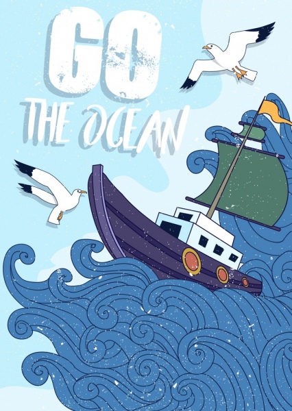 океан путешествие баннер парусник изогнутые волн морских птиц иконы