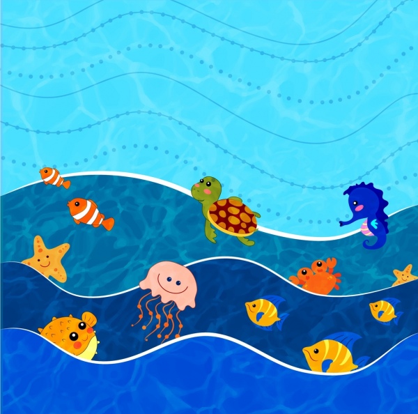 Мировой океан фона различных животных иконы стилизованные мультфильм
