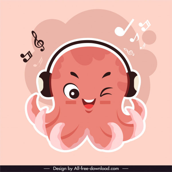 gurita ikon musik mendengarkan sketsa lucu bergaya kartun