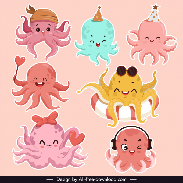 Octopus Icons Cute Stylized Cartoon Sketch-vector Icon-free Vector Free  Download