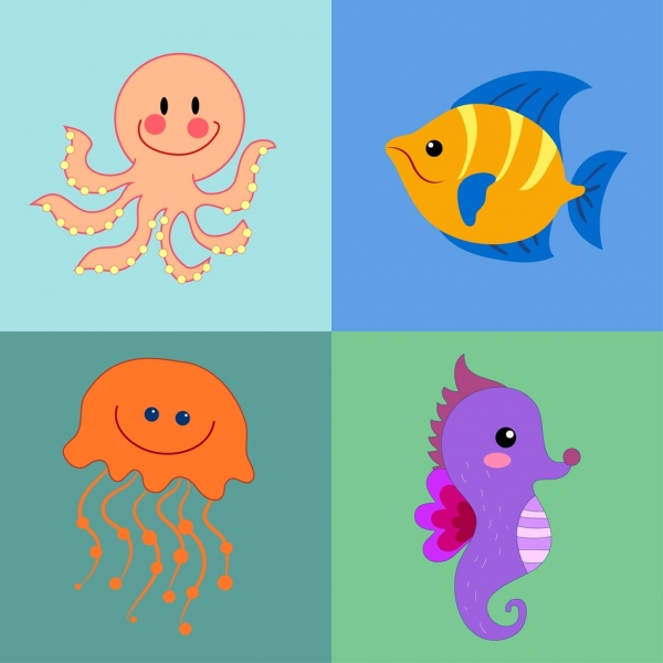 polvo Hippocampus geleia peixe ícones coloridos dos desenhos animados de isolamento