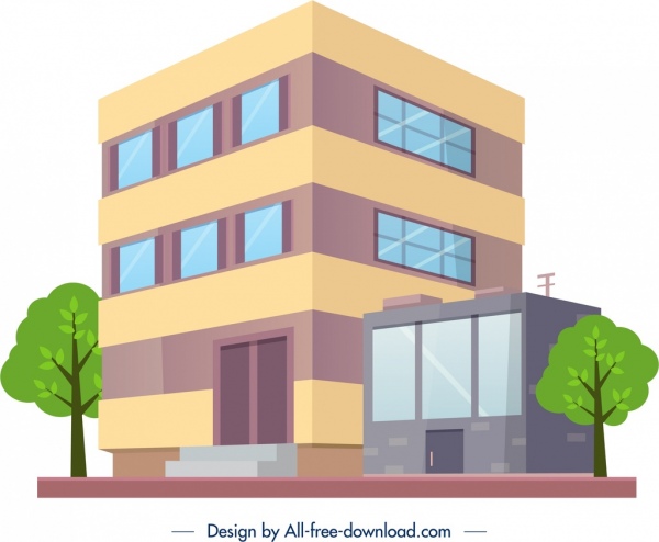 办公楼建筑图标彩色现代3D素描